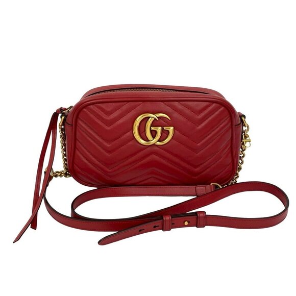 GUCCI Red Leather GG Marmont Shoulder Bag - Picture 1 of 9